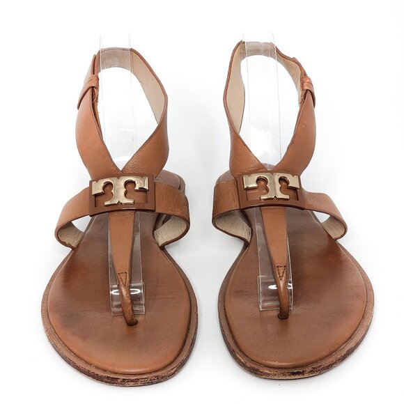 TORY BURCH Gigi Tan Leather Flat Thong Sandals Gold Logo - Picture 1 of 6